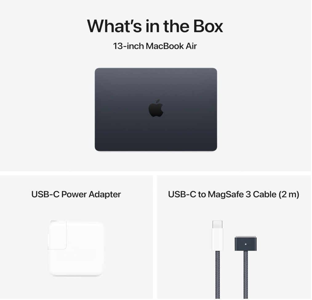 2025 MacBook Air box contents including laptop, USB-C power adapter, and USB-C to MagSafe 3 cable