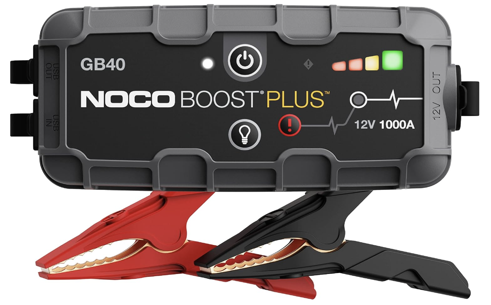 Close-up of the NOCO Boost Plus GB40 jump starter with red and black clamps attached