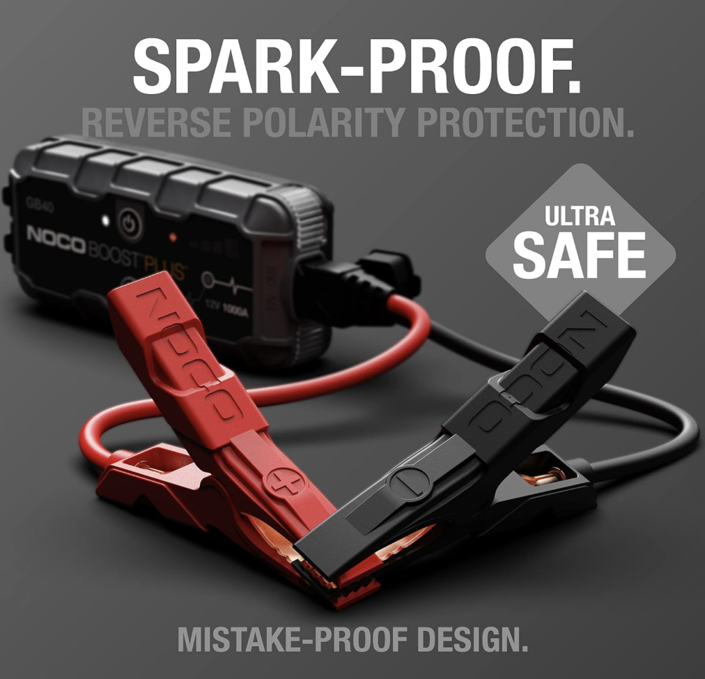 Close-up of NOCO GB40 clamps showing spark-proof and reverse polarity protection features
