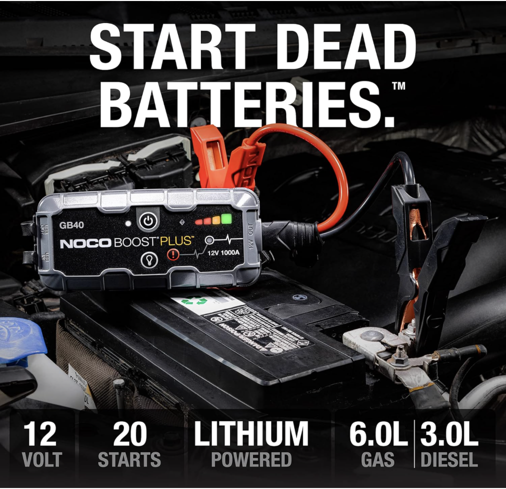 NOCO GB40 jump starter connected to a car battery with text showing 12V, 20 starts, lithium powered