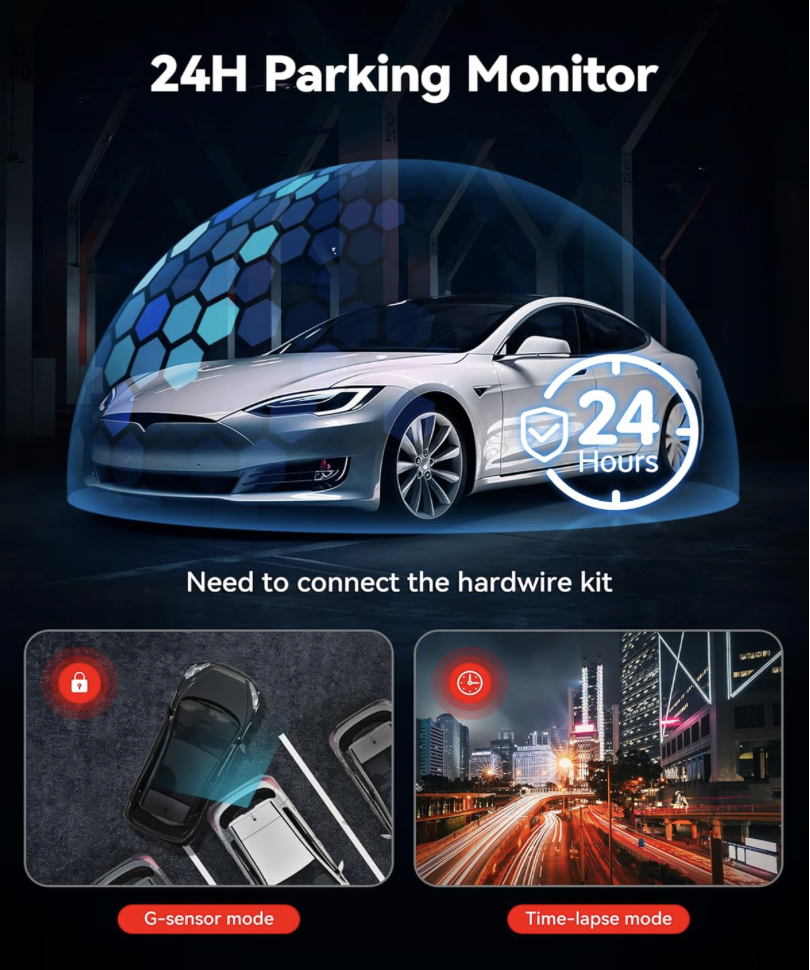 REDTIGER F7NP Dash Cam showing 24 hour parking monitor with G-sensor mode and time-lapse recording for all day vehicle protection