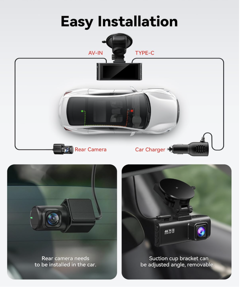 REDTIGER F7NP Dash Cam easy installation guide showing rear camera placement and suction cup mount with adjustable angle
