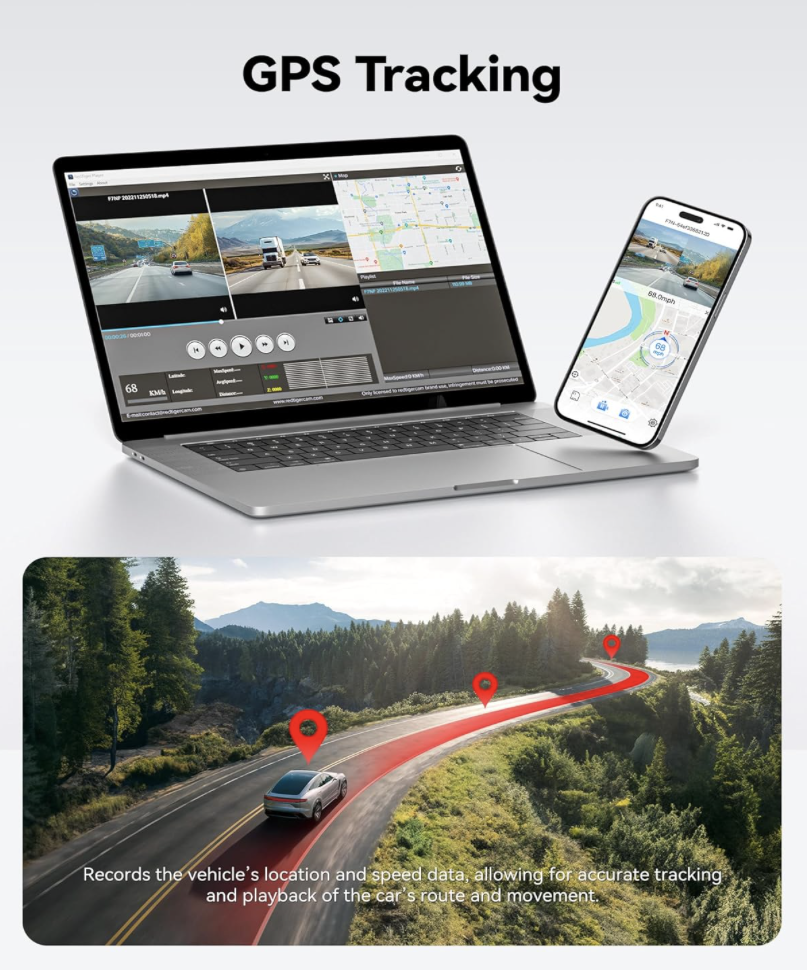 REDTIGER F7NP Dash Cam showing GPS tracking with recorded route, location, and speed on smartphone and computer for playback