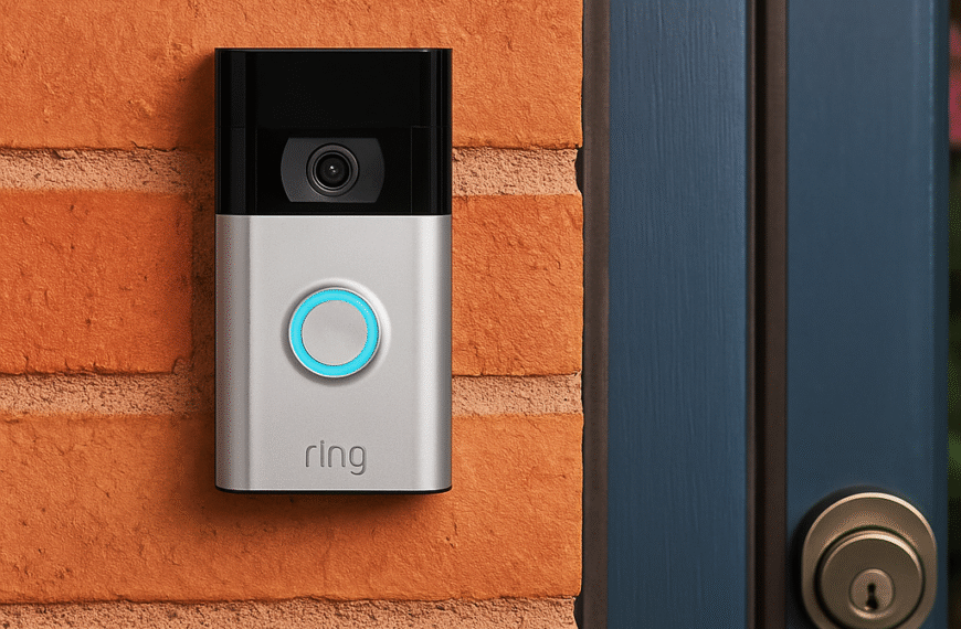 Ring Battery Doorbell Plus mounted on an orange brick wall next to a blue front door with a glowing blue ring button.