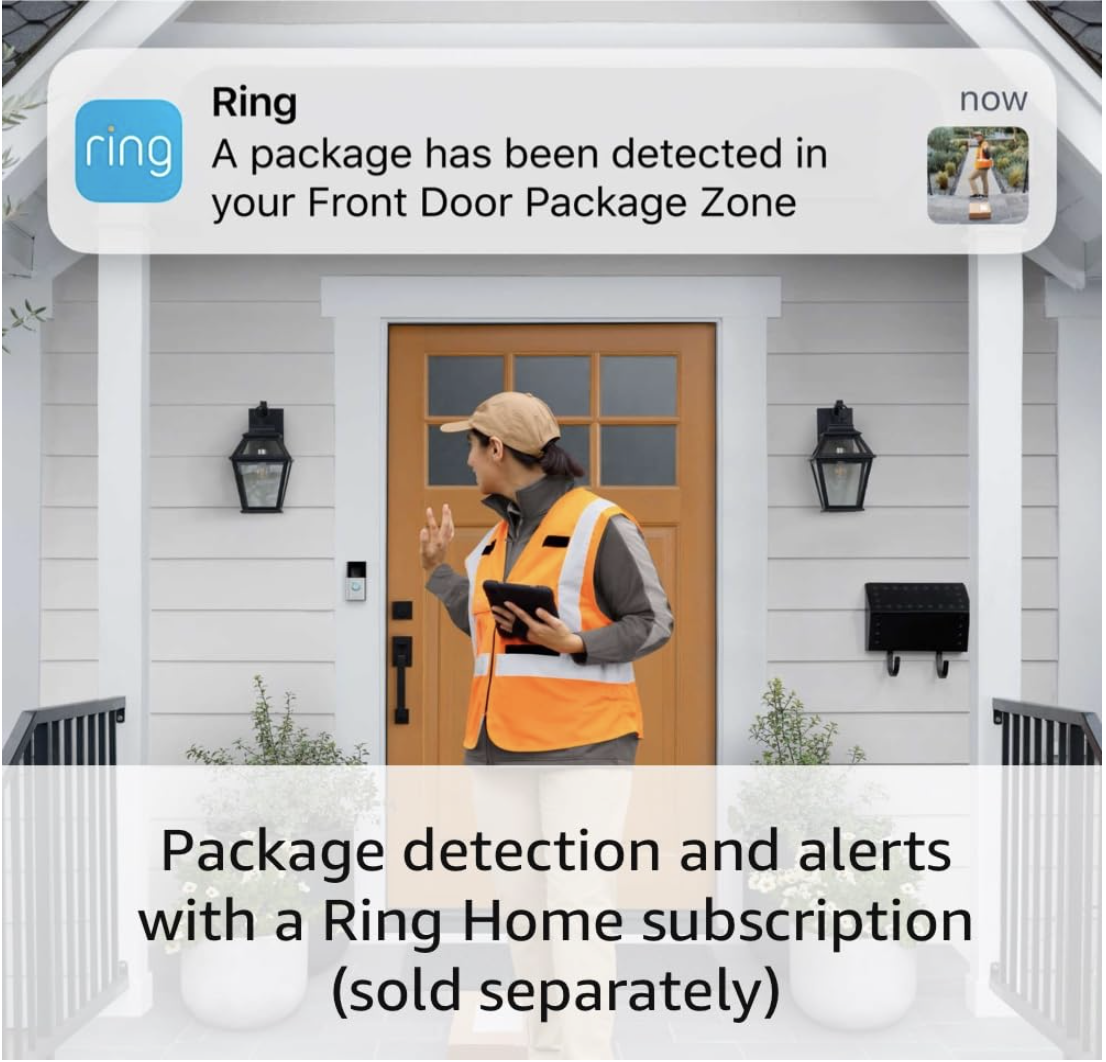 Delivery person walks up to a front door as a Ring app notification shows package detection, highlighting subscription-based alert features.