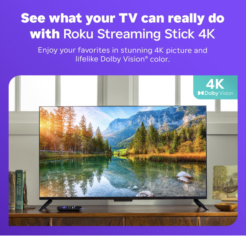 Roku Streaming Stick 4K showcasing stunning 4K Dolby Vision picture quality on a TV screen with scenic nature view