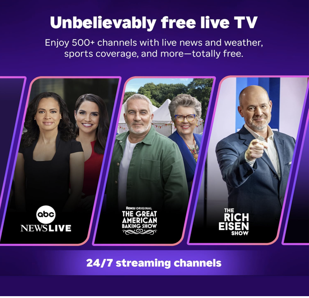 Roku Streaming Stick 4K offering 500+ free live TV channels including news, sports, and shows available 24/7