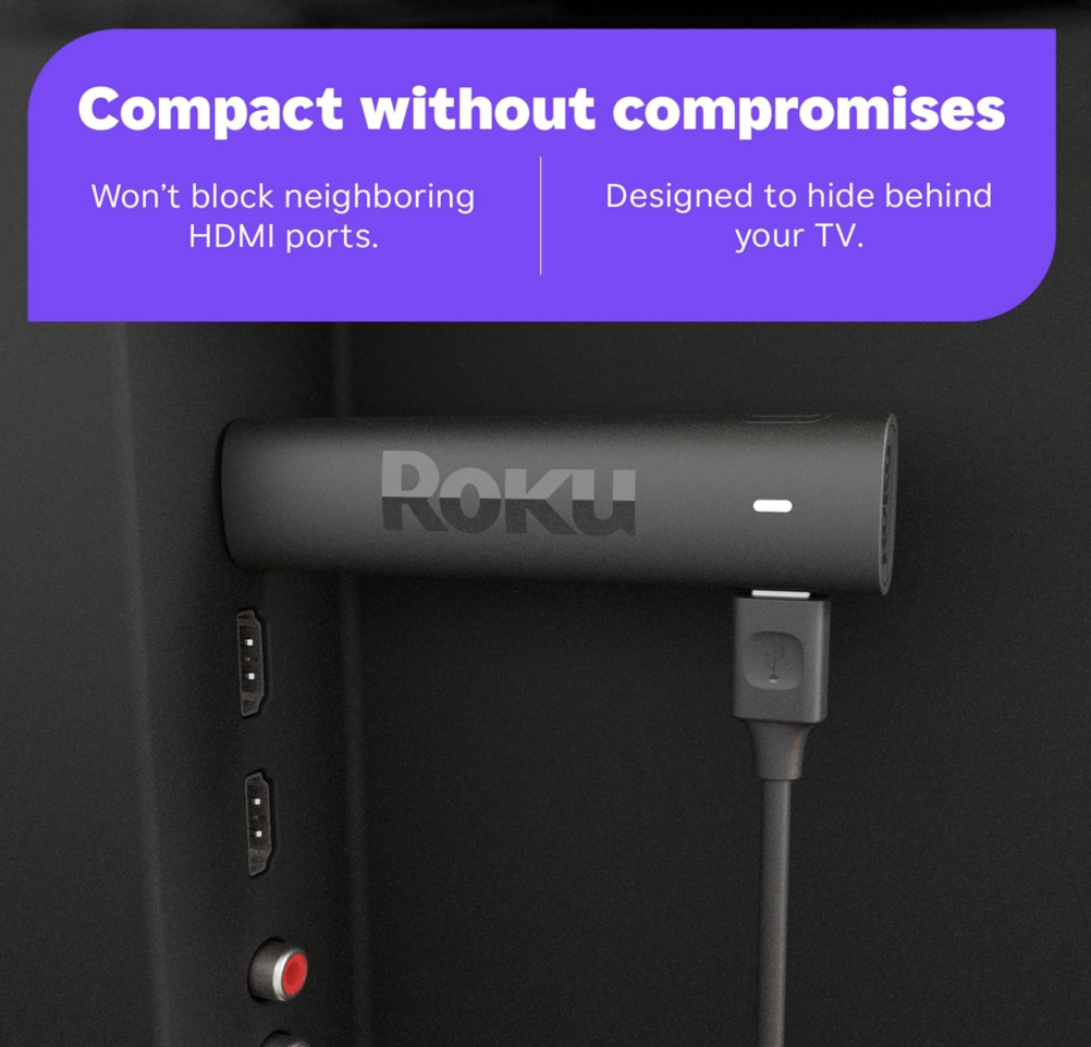 Roku Streaming Stick 4K plugged into HDMI port showing compact design that does not block neighboring ports