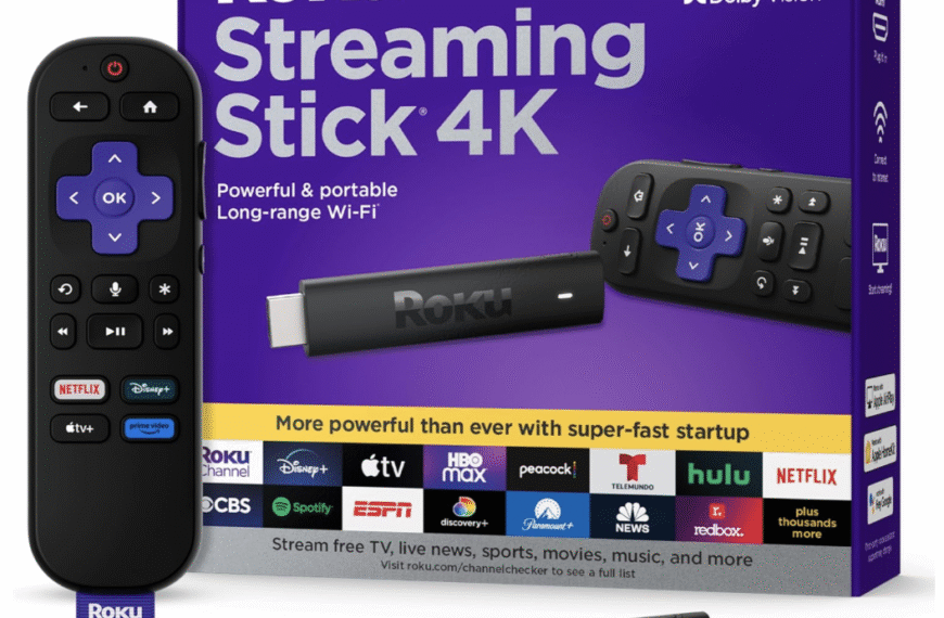 Roku Streaming Stick 4K with remote and packaging showing supported streaming services and 4K HDR Dolby Vision support