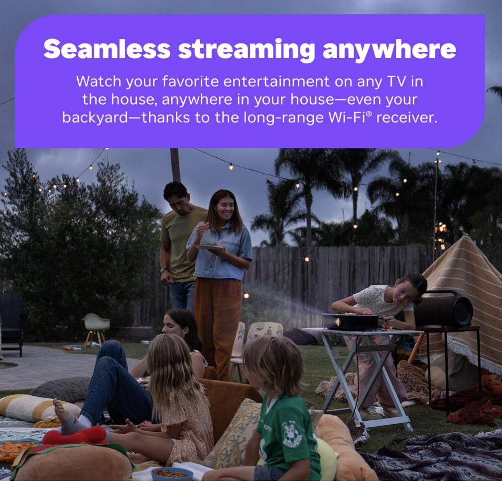 Family enjoying backyard movie night using Roku Streaming Stick 4K with seamless streaming over long-range Wi-Fi