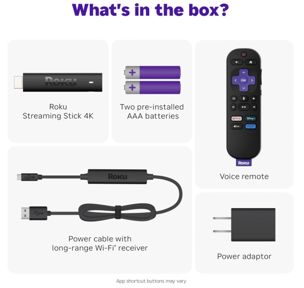 Roku Streaming Stick 4K box contents including streaming stick, voice remote, power cable, power adapter, and AAA batteries
