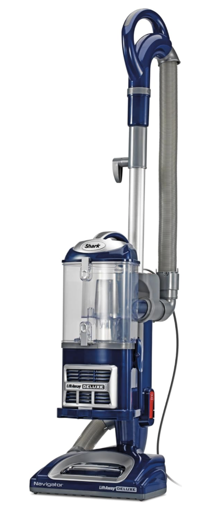 Full view of the Shark Navigator Lift-Away Deluxe NV360 upright vacuum in blue with clear dustbin, hose, and ergonomic handle