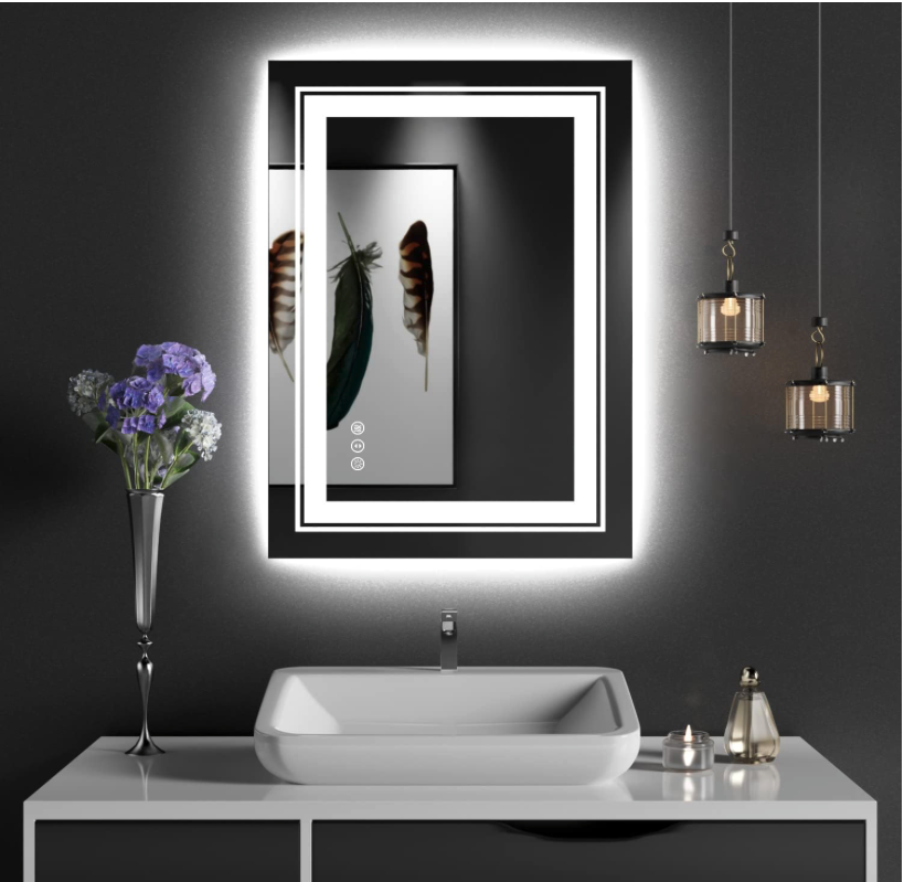 Snowdool LED Bathroom Mirror with front and backlit illumination, mounted above a modern vanity sink with soft ambient lighting