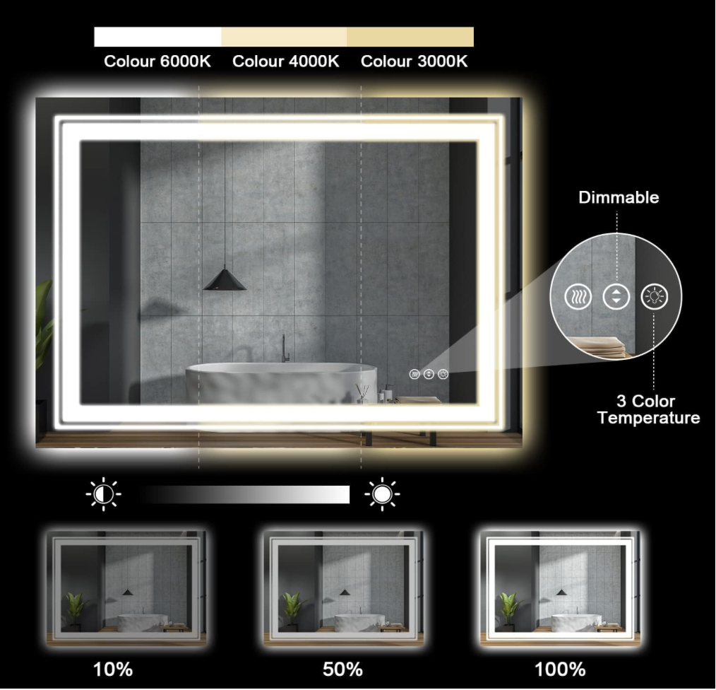 Snowdool LED mirror showing 3 adjustable color temperatures (3000K to 6000K) and dimming levels from 10% to 100%.