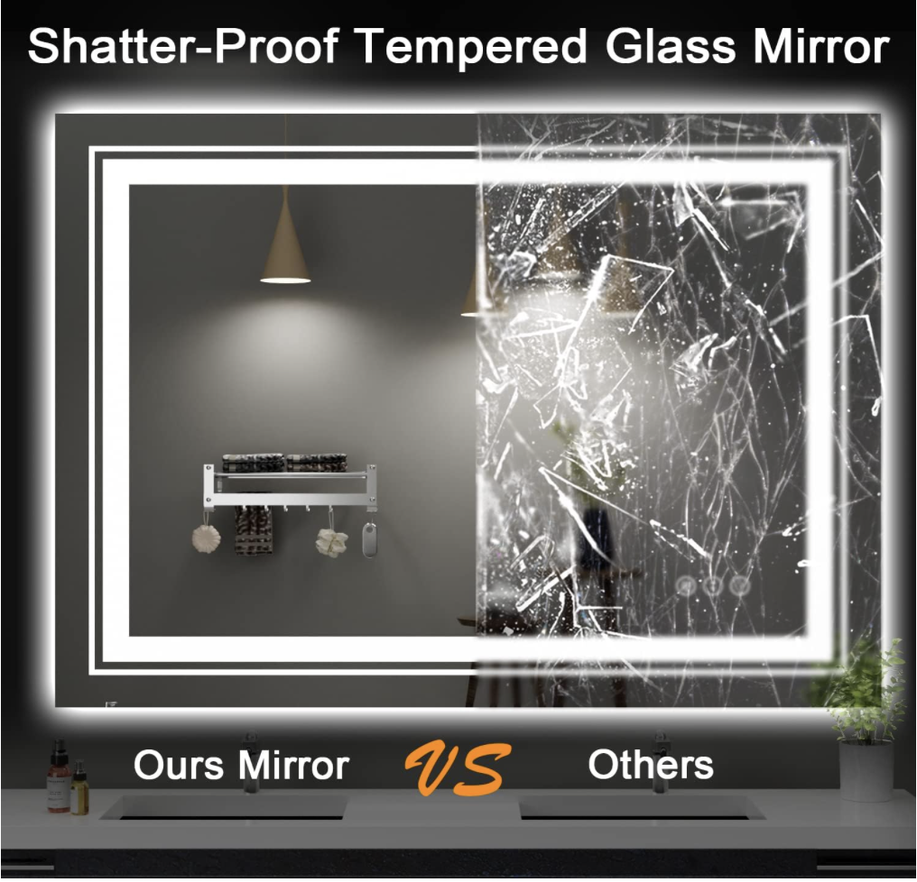 Side-by-side comparison of Snowdool’s shatter-proof tempered glass mirror vs a cracked standard mirror, highlighting safety and durability.
