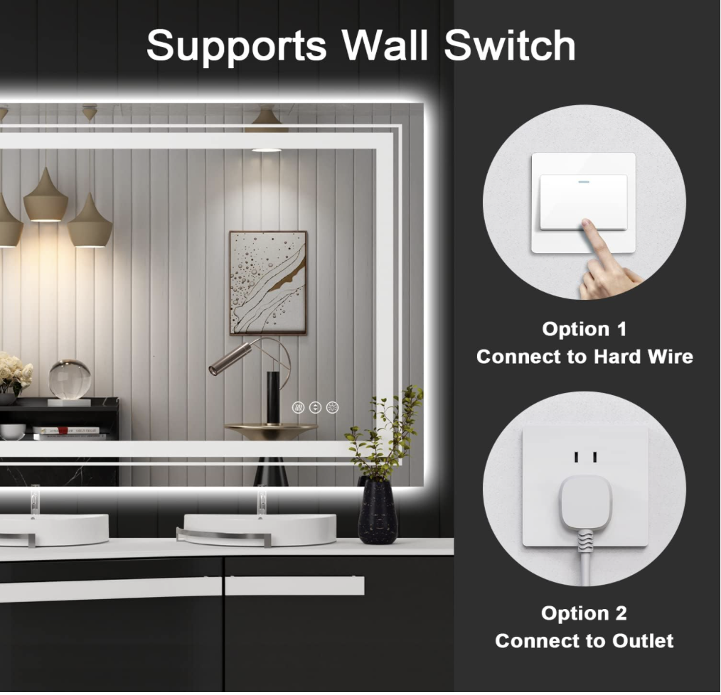 Snowdool LED bathroom mirror with support for both hardwire and outlet connections, showing wall switch and plug-in options.