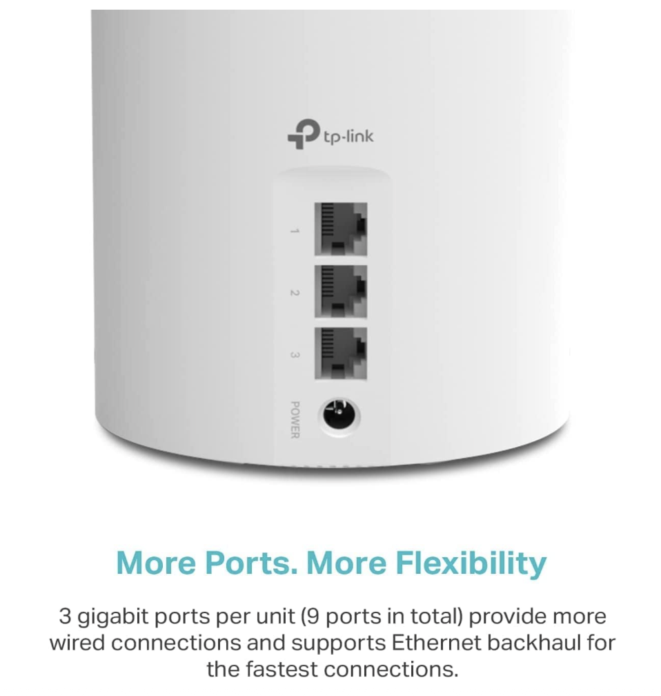 TP-Link Deco AX3000 close-up view of ethernet ports for wired connections and Ethernet backhaul support