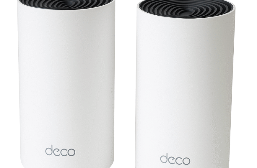 Two TP-Link Deco X55 AX3000 Mesh Wi-Fi 6 units displayed on a clean surface, showcasing their compact cylindrical design.