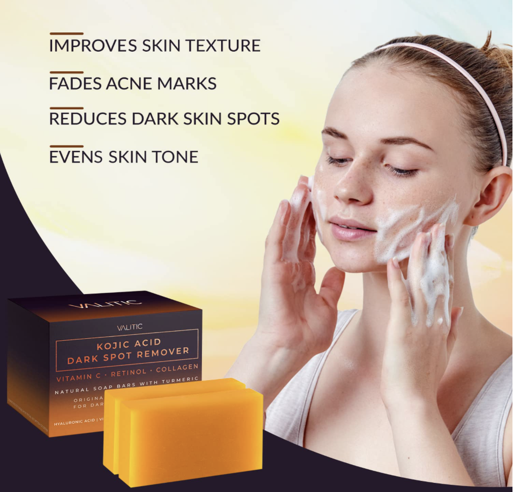 Woman washing her face with VALITIC Kojic Acid Dark Spot Remover soap, with listed benefits including improved skin texture, reduced dark spots, and more even tone.