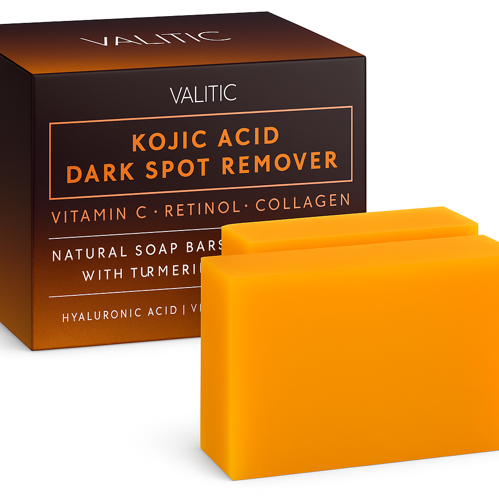 High-resolution image of VALITIC Kojic Acid Dark Spot Remover packaging with two bright orange soap bars, featuring product text highlighting Vitamin C, Retinol, Collagen, and Turmeric on a clean white background.
