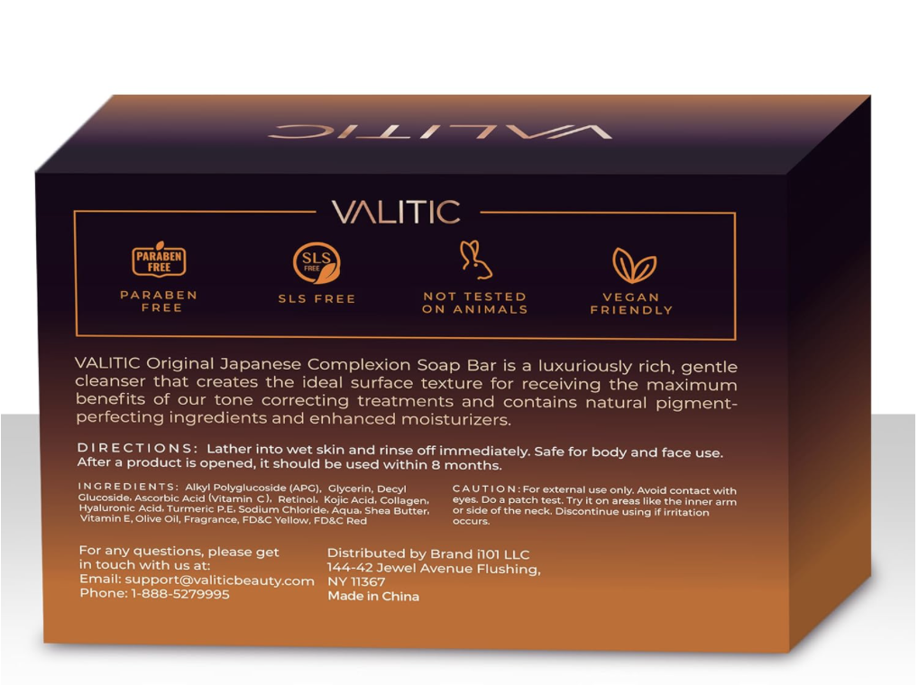 Back of VALITIC Kojic Acid Dark Spot Remover soap box showing ingredients, directions, and claims such as paraben-free, SLS-free, not tested on animals, and vegan-friendly.