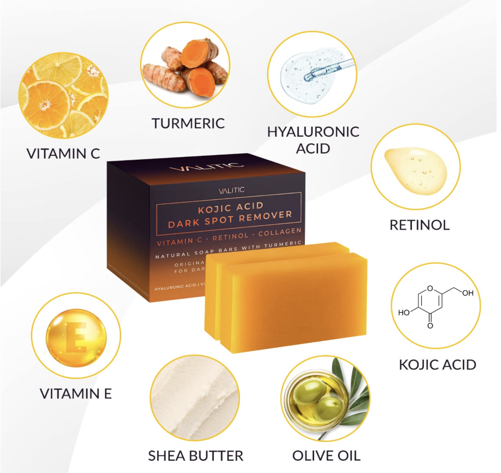 Visual guide showing effective brightening and smoothing areas for VALITIC Kojic Acid soap, including face, neck, armpits, intimate area, elbows, hands, knees, inner thighs, and feet.