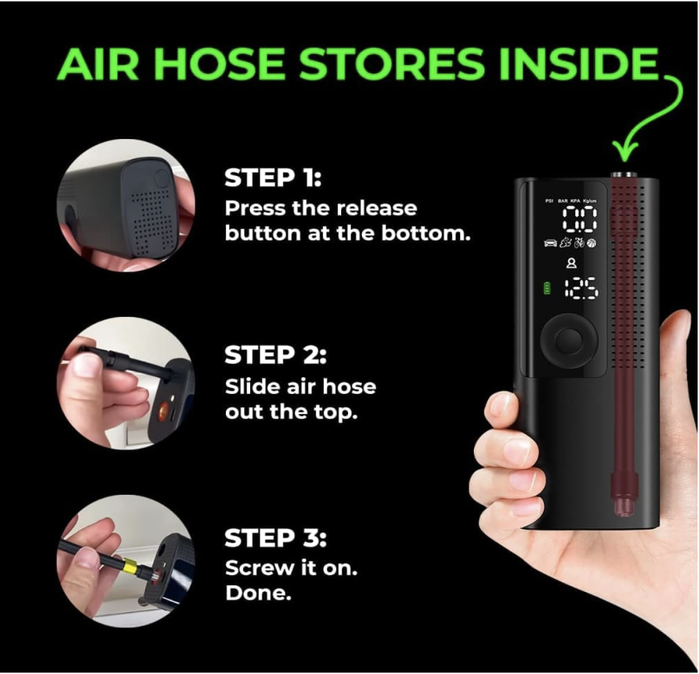 Visual step-by-step showing how the Airmoto’s air hose stores inside the unit. Instructions include pressing the release button, sliding the hose out, and screwing it into place.
