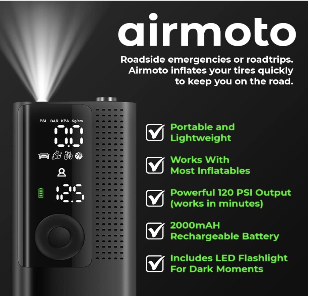 Airmoto tire inflator shown with LED flashlight on and a checklist highlighting features: portable, supports most inflatables, 120 PSI output, 2000mAh rechargeable battery, and built-in LED for dark moments.