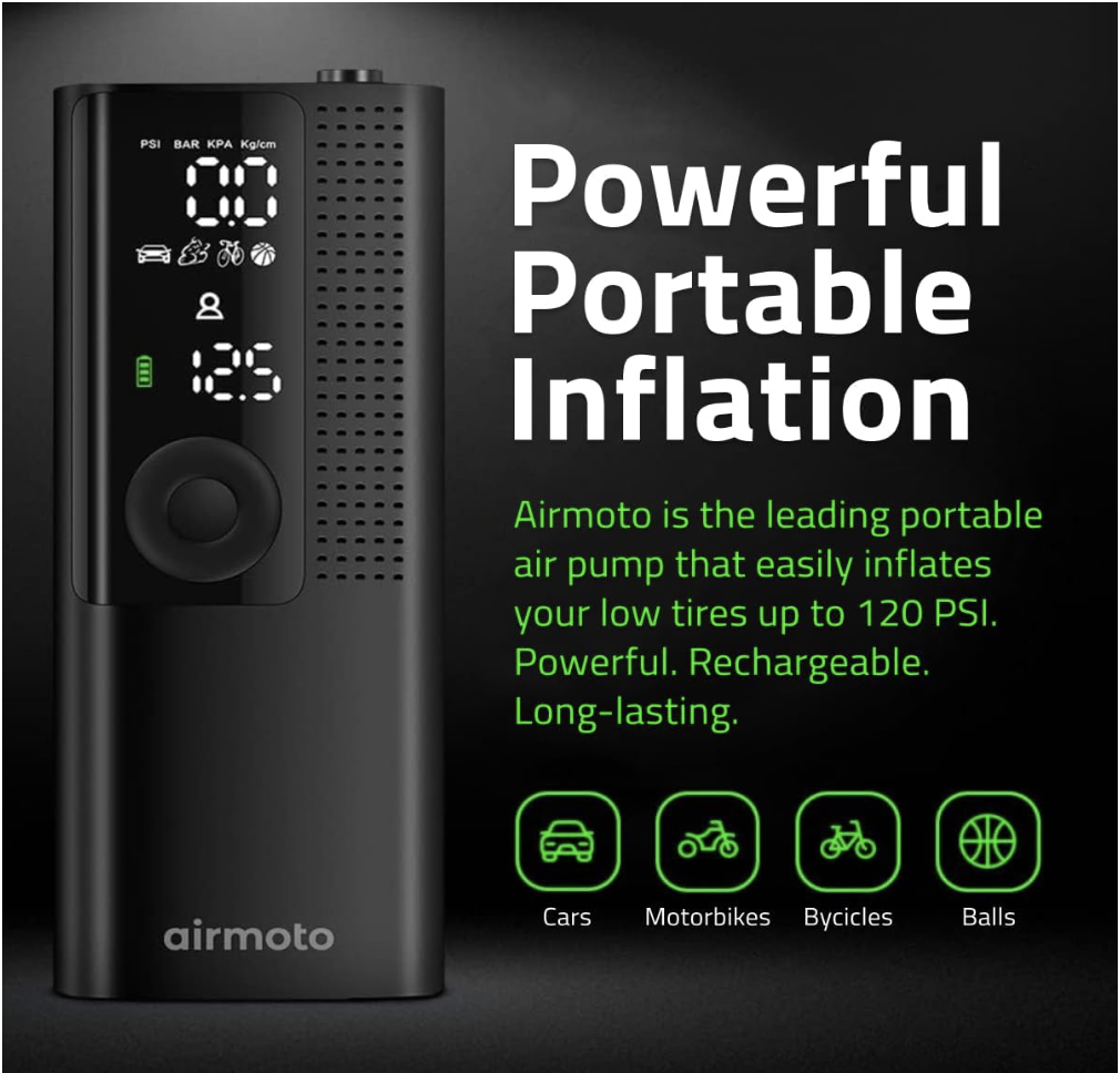 Airmoto portable tire inflator shown with PSI display and icons for car, bike, motorcycle, and ball compatibility. Highlighted text reads “Powerful Portable Inflation.”