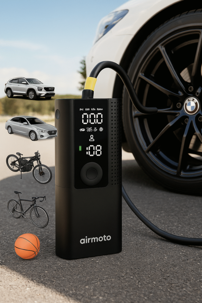 Airmoto portable tire inflator shown outdoors beside a car tire, with visual callouts for compatible items like cars, bikes, and basketballs—highlighting its cordless design and on-the-go use.