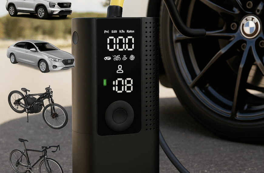 Airmoto portable tire inflator shown outdoors beside a car tire, with visual callouts for compatible items like cars, bikes, and basketballs—highlighting its cordless design and on-the-go use.