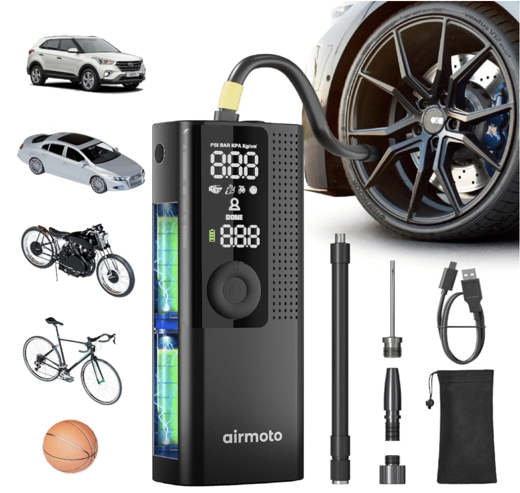 Portable Airmoto tire inflator with digital gauge, hose, USB cable, adapters, and supported uses for cars, motorcycles, bikes, and sports balls.