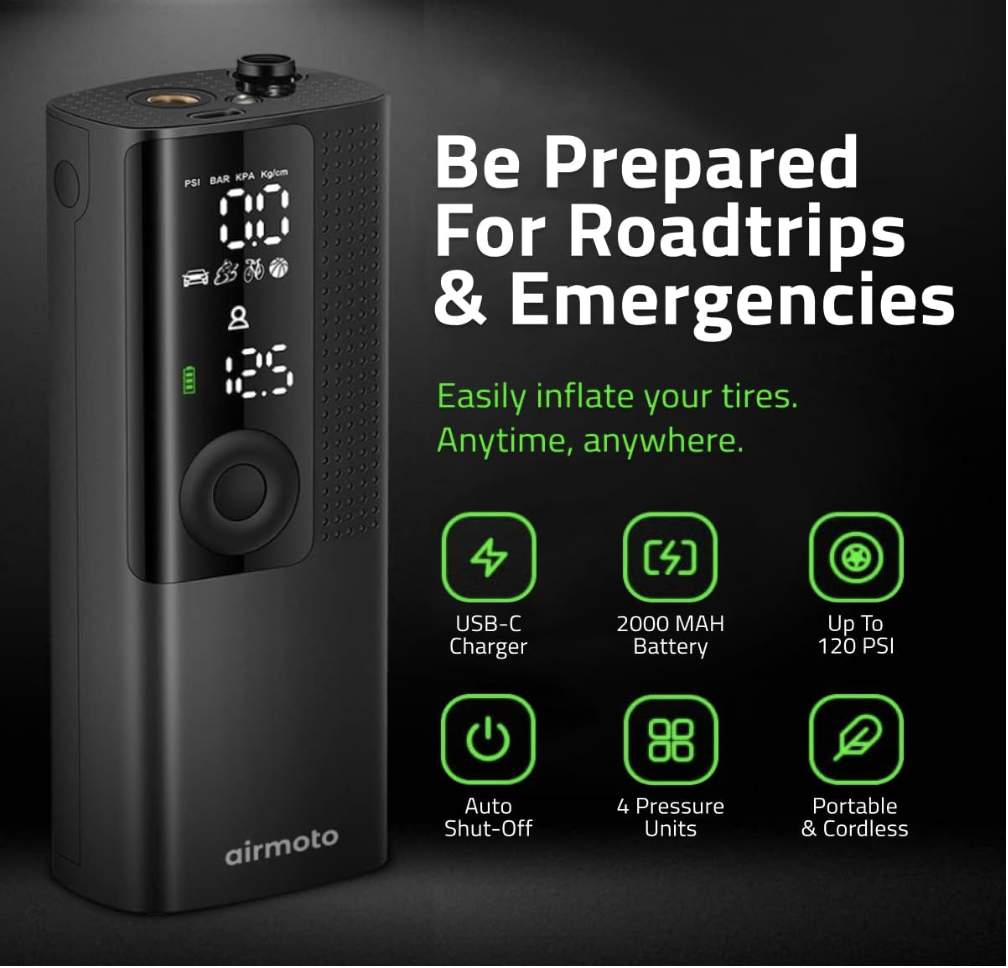 Airmoto cordless inflator with digital display and icons showcasing USB-C charging, 2000mAh battery, 120 PSI capacity, auto shut-off, and multi-pressure unit support. Text reads “Be Prepared for Roadtrips & Emergencies.”