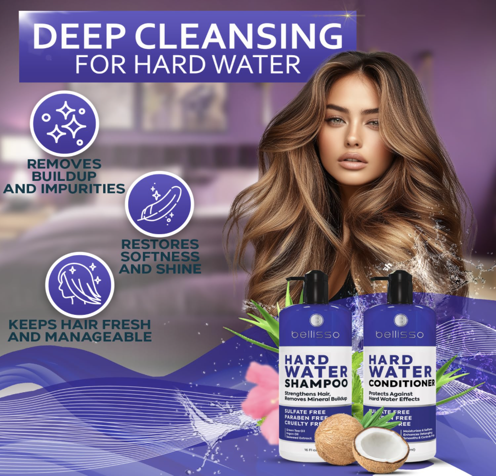 Bellisso Hard Water Shampoo and Conditioner set designed to remove buildup, restore softness, and keep hair manageable after hard water exposure