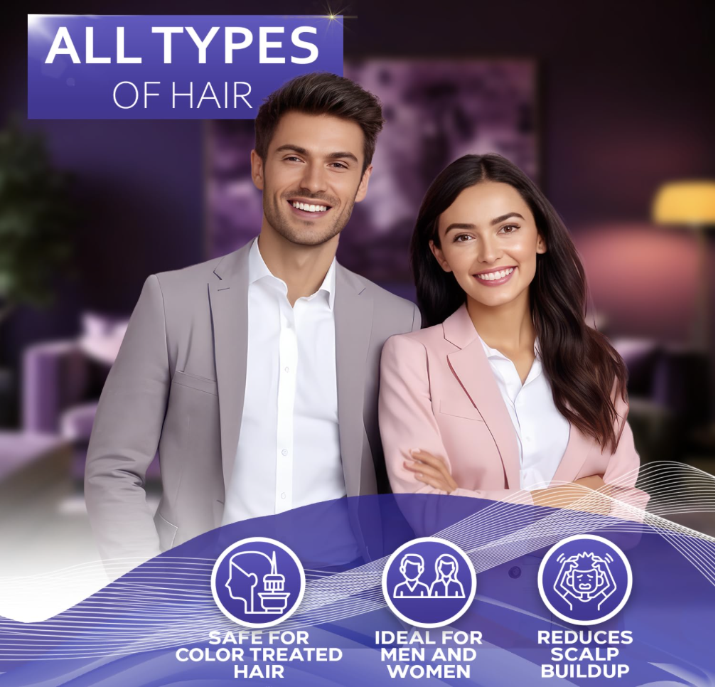 Bellisso Hard Water Shampoo and Conditioner graphic showing it's safe for color-treated hair, ideal for men and women, and reduces scalp buildup