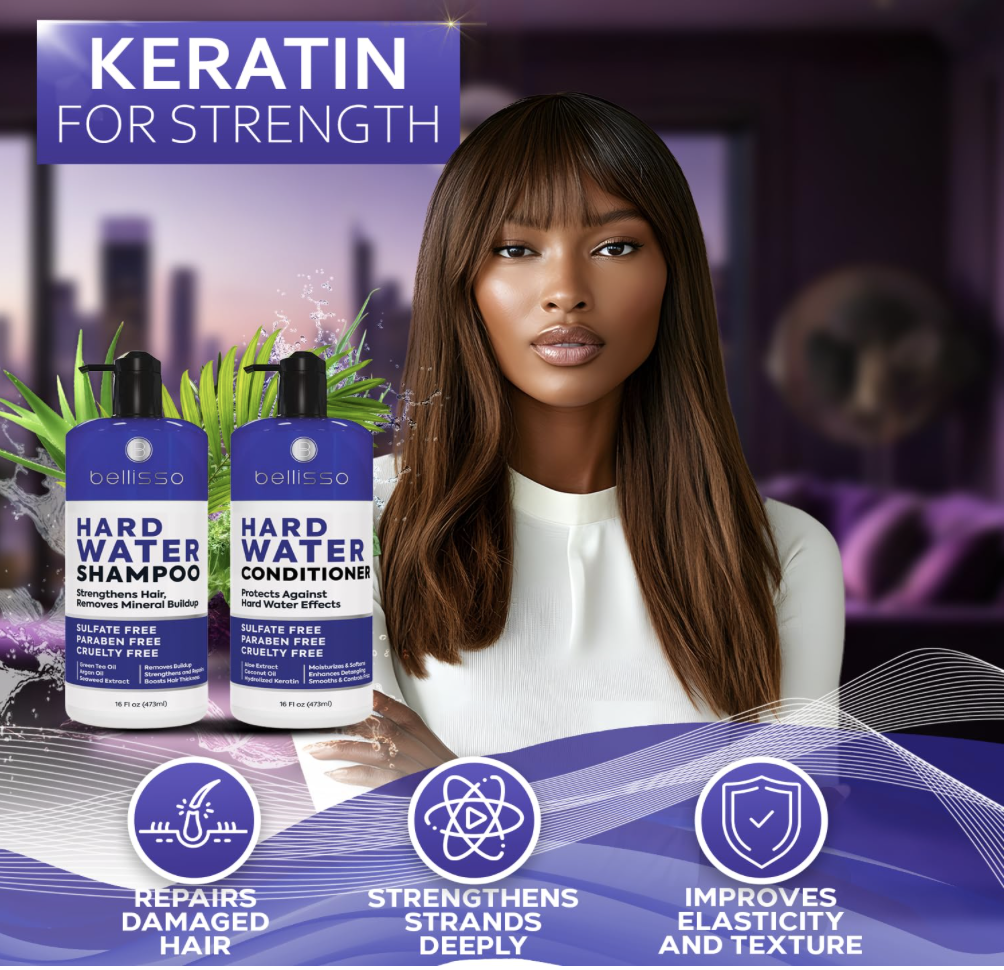 Bellisso Hard Water Shampoo and Conditioner featuring keratin for repairing damage, strengthening strands, and improving elasticity and texture