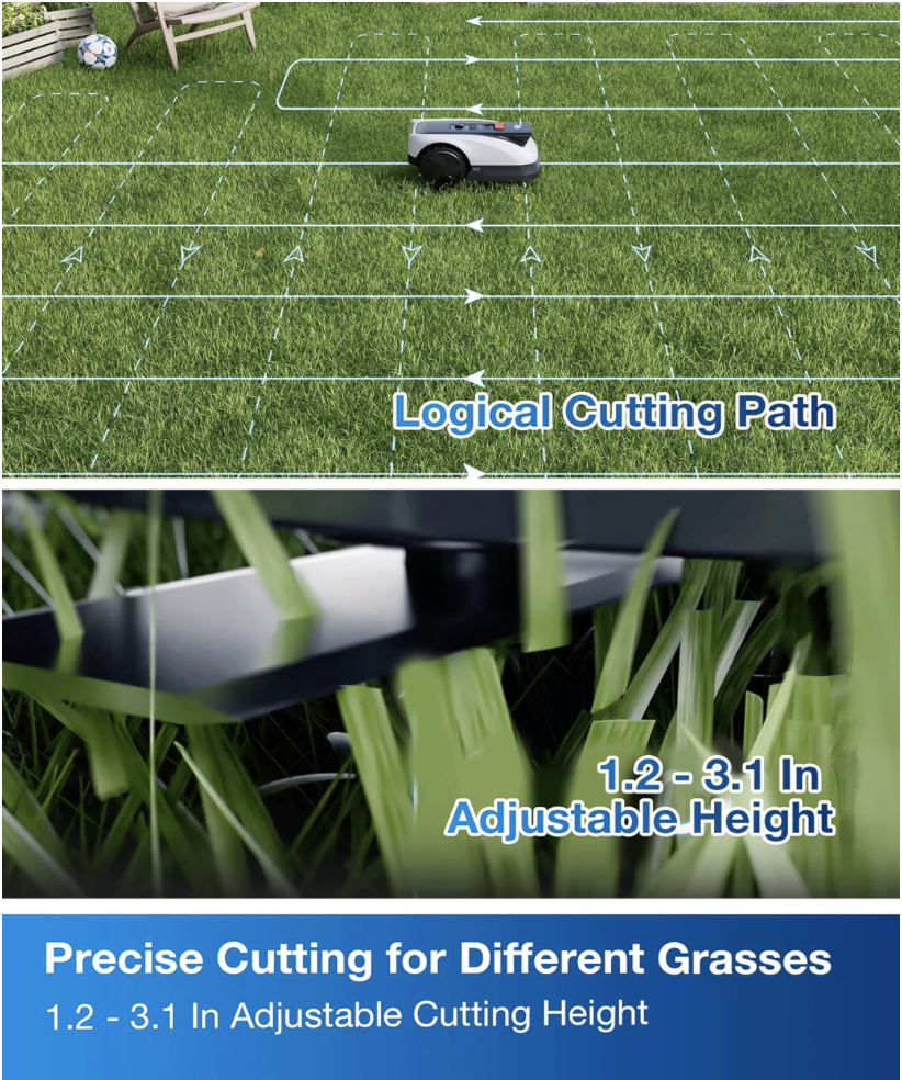 ECOVACS GOAT O1000 RTK robot mower shown mowing in precise U-shaped paths with an adjustable cutting height range of 1.2 to 3.1 inches, optimized for different grass types and clean trimming.
