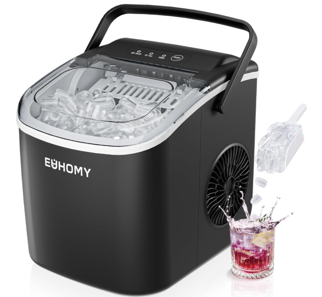 Euhomy Countertop Ice Maker in black with scoop and bullet ice, next to a glass of iced drink.