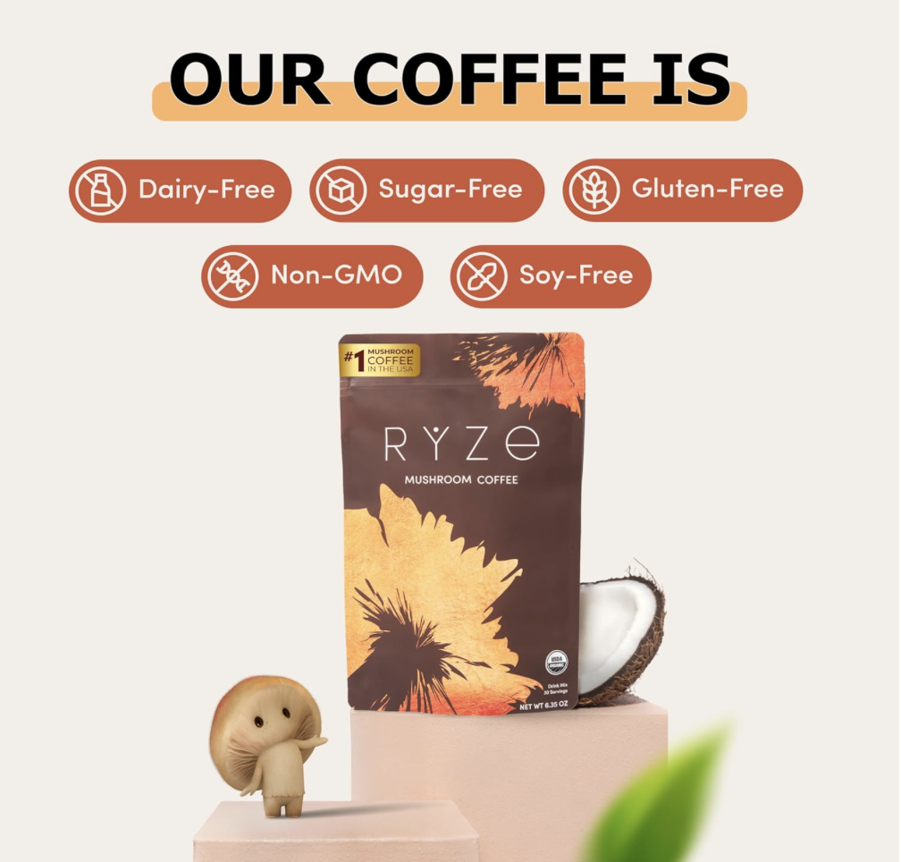 RYZE Mushroom Coffee labeled as dairy-free, sugar-free, gluten-free, non-GMO, and soy-free with product image and coconut