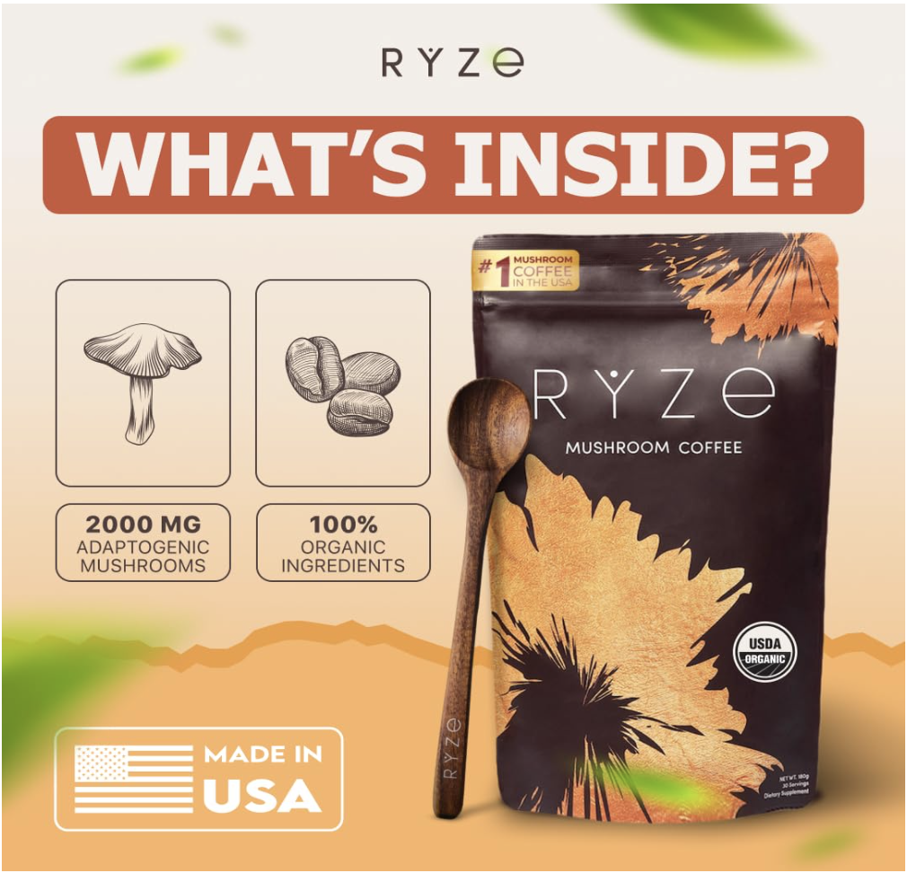 RYZE Mushroom Coffee ingredients breakdown showing 2000mg adaptogenic mushrooms, 100% organic ingredients, and Made in USA label
