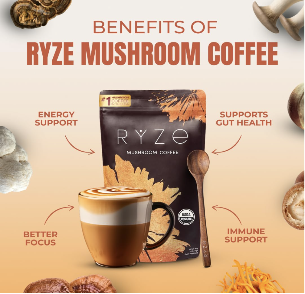 RYZE Mushroom Coffee benefits image highlighting energy, focus, gut health, and immune support