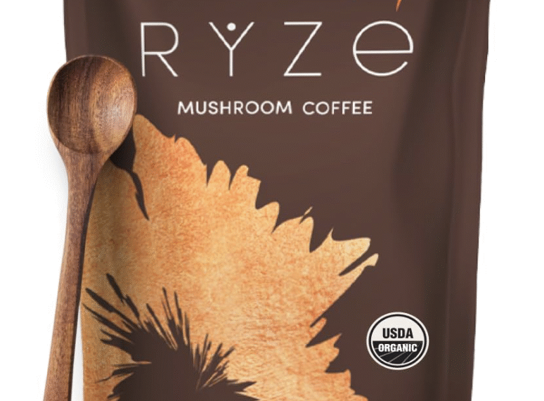 RYZE Mushroom Coffee bag with wooden spoon and organic label – 30 servings health drink mix