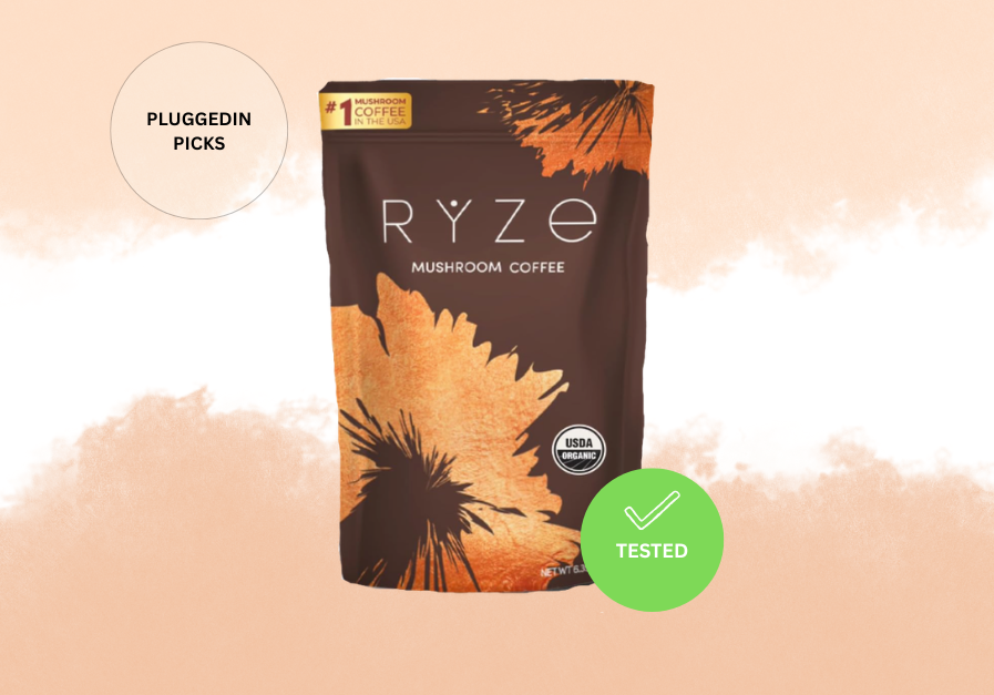 A bag of RYZE Mushroom Coffee on a marble background with a PluggedInPicks verified review badge.