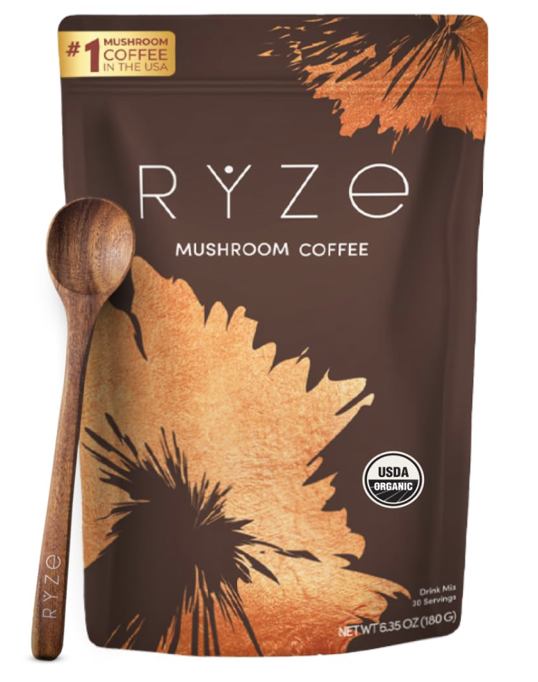 RYZE Mushroom Coffee bag with wooden spoon and organic label – 30 servings health drink mix