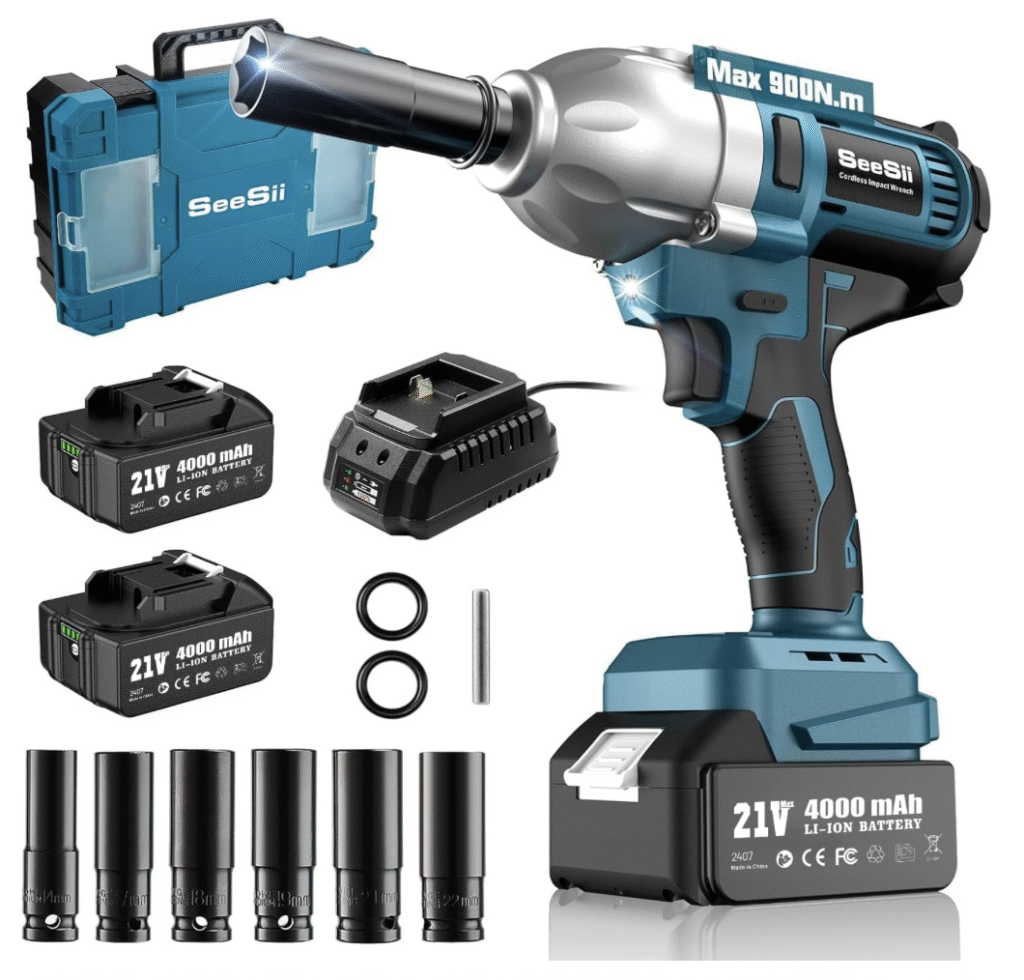 Seesii cordless impact wrench with 900Nm max torque, dual 21V 4000mAh batteries, charger, 6 sockets, and carrying case displayed