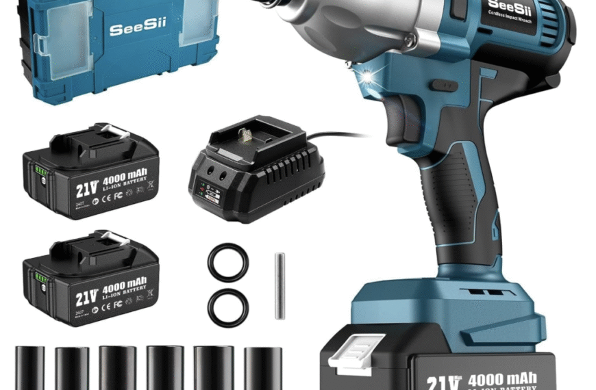 Seesii cordless impact wrench with 900Nm max torque, dual 21V 4000mAh batteries, charger, 6 sockets, and carrying case displayed