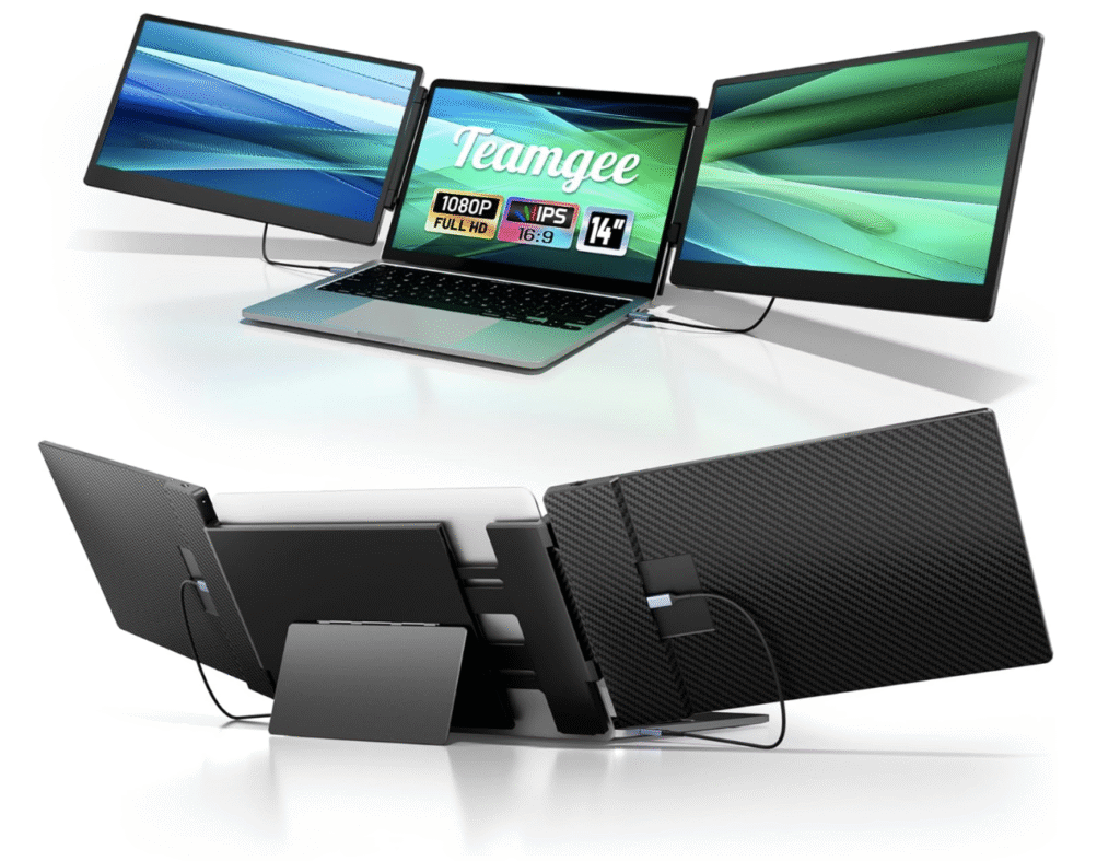 Teamgee 14-inch Laptop Screen Extender attached to a laptop, showing dual side screens and foldable stand from front and rear views