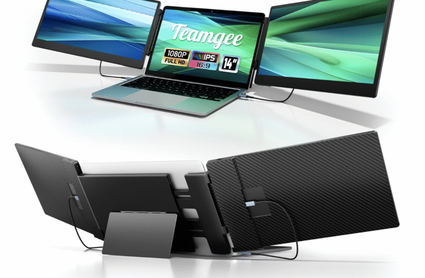 Teamgee 14-inch Laptop Screen Extender attached to a laptop, showing dual side screens and foldable stand from front and rear views