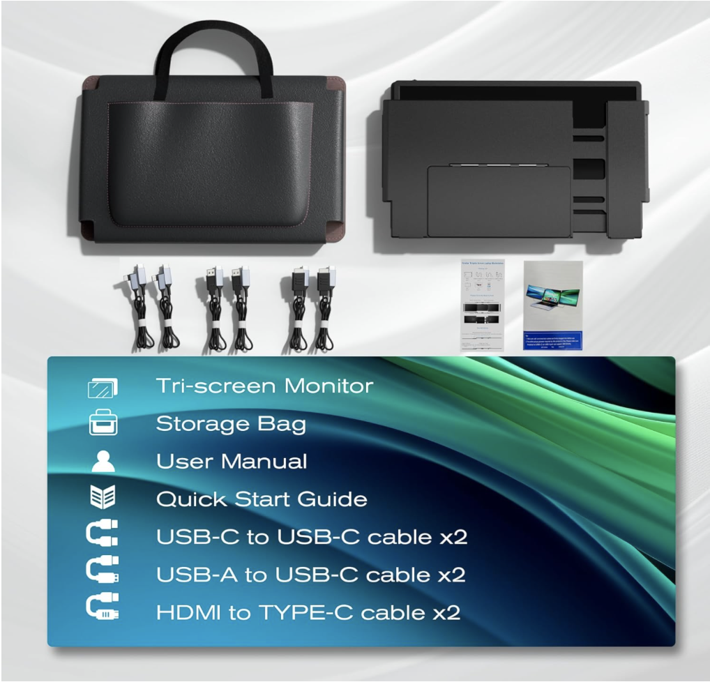 Teamgee 14-inch laptop screen extender package contents including tri-screen monitor, storage bag, user manual, quick start guide, and multiple cables for USB-C, USB-A, and HDMI connections.