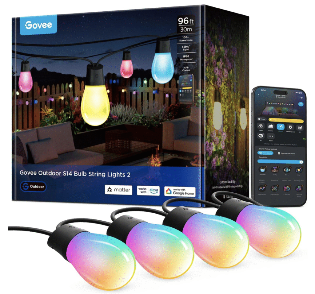 Govee Outdoor S14 Smart Bulb String Lights 96ft with RGBIC color bulbs, Alexa and Google Home compatibility, app control, and waterproof design, shown with product box and mobile app interface.
